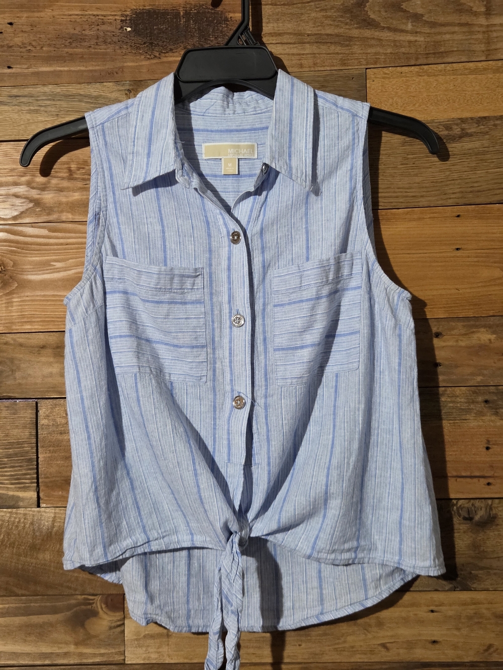 Michael Kors Linen Cotton Striped Tie Front Sleeveless Coastal Top M Preppy